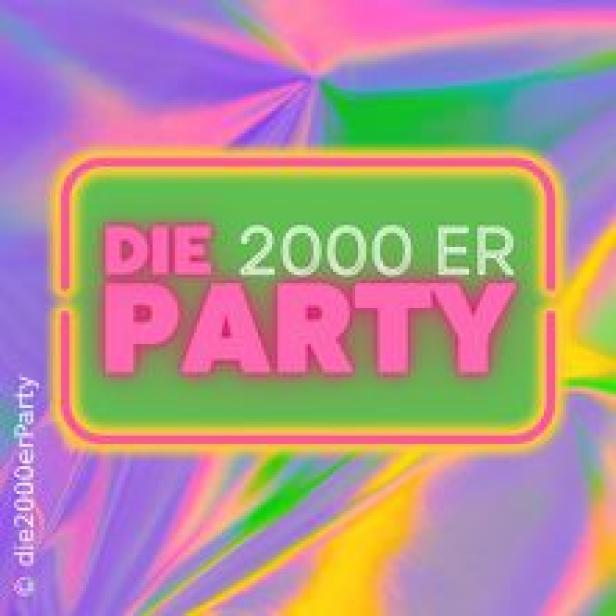 Ein Werbeplakat für eine „Die 2000er Party“ vor einem psychedelischen Hintergrund.