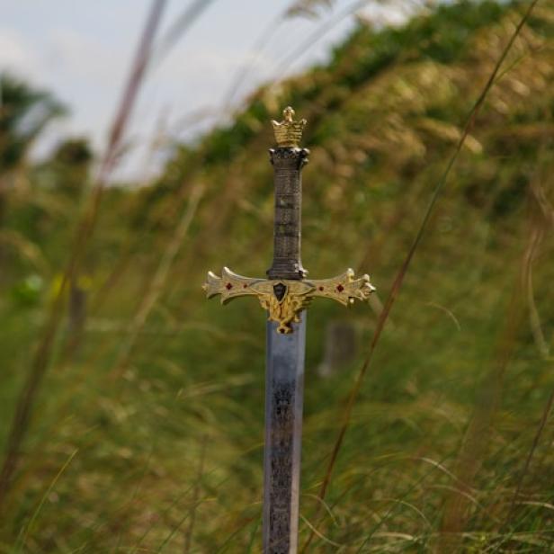 Ein Schwert mit goldenem Griff und Krone steht im Gras.