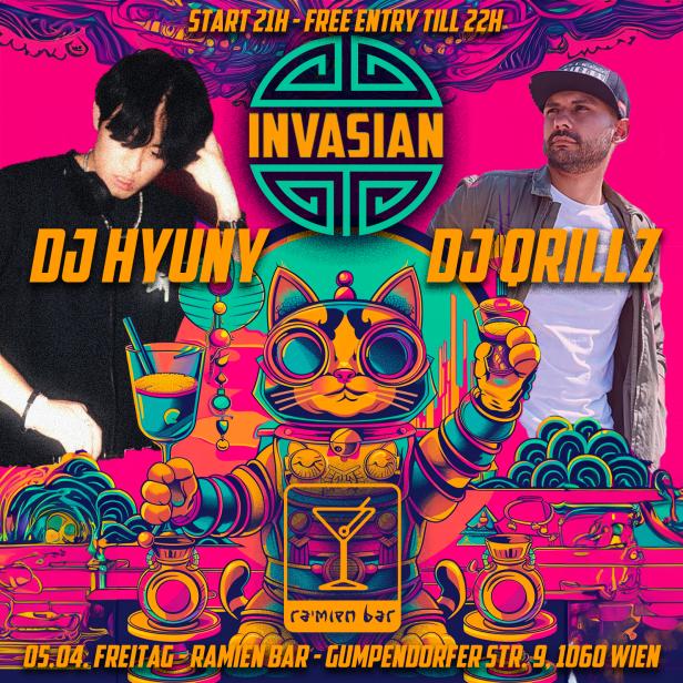 Ein farbenfrohes Veranstaltungsplakat mit den DJs Hyuny und Orillz in der Ramen Bar in Wien.