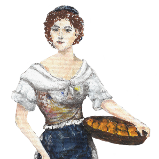 Eine junge Frau in Tracht trägt einen Korb mit Brot.
