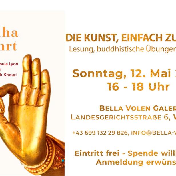 Werbeplakat für eine Lesung von Ursula Lyons Buch „Von Buddha berührt“ am 12. Mai 2024.