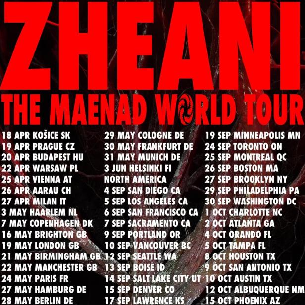 Werbeplakat für die „The Maenad World Tour“ von Zheani mit Tourdaten.