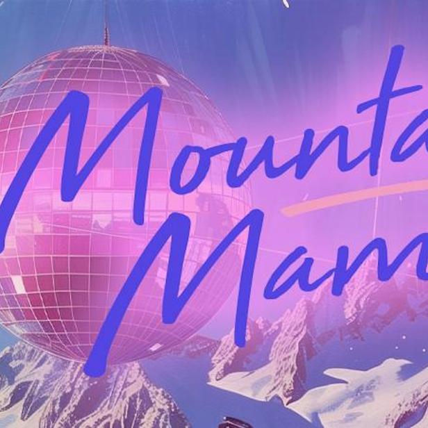 Eine Illustration mit Discokugeln und schneebedeckten Bergen, mit dem Schriftzug „Mountain Mama“.