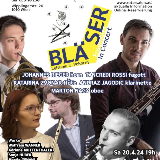 Plakat für ein Bläserkonzert des OESTIG LSG am 20.4.24 mit Johannes Rieger, Tancredi Rossi u.a..