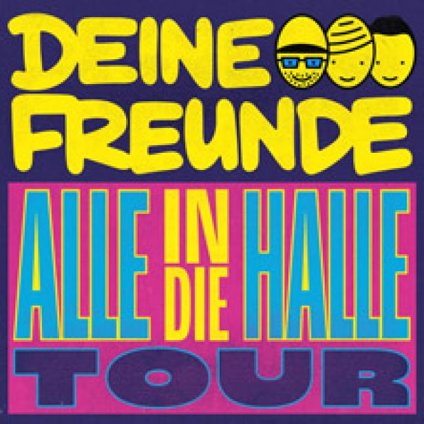 Das Cover der „Alle in die Halle Tour“ von Deine Freunde zeigt gelbe Schrift auf blauem und pinkem Hintergrund.
