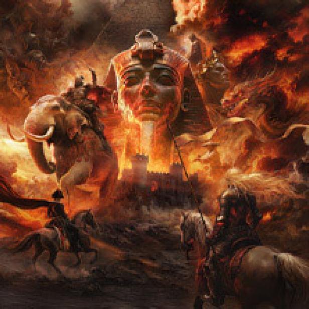 Eine stilisierte Darstellung einer Schlacht mit einem Pharaonenkopf im Hintergrund.