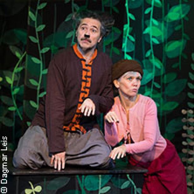 Zwei Schauspieler in Kostümen auf einer Bühne vor einem grünen Hintergrund mit Pflanzenmotiven.