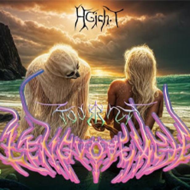 Ein Albumcover von Agish.T mit zwei surrealen Figuren am Strand.