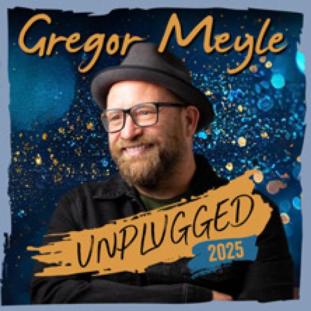 Das Cover von Gregor Meyles „Unplugged 2025“ zeigt den Musiker mit Hut und Brille vor blauem Hintergrund.