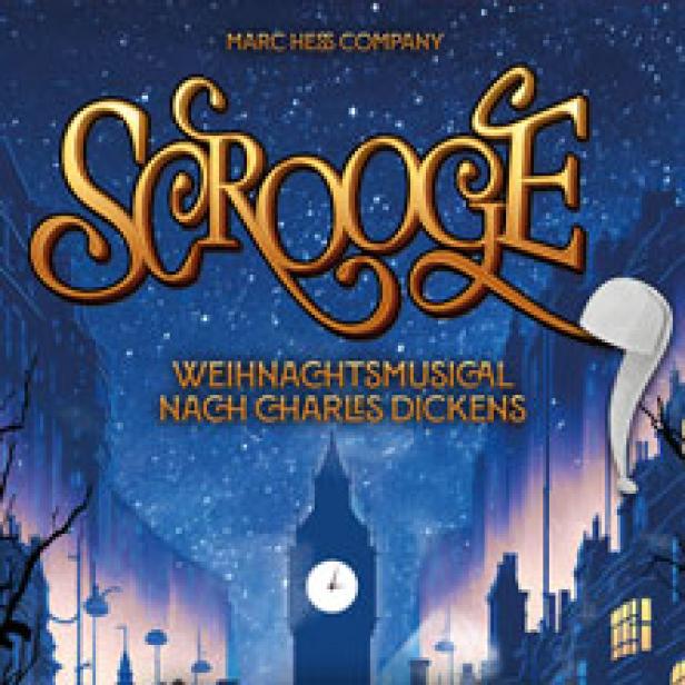 Das Cover des Weihnachtsmusicals „Scrooge“ nach Charles Dickens zeigt eine stilisierte Stadtansicht bei Nacht.