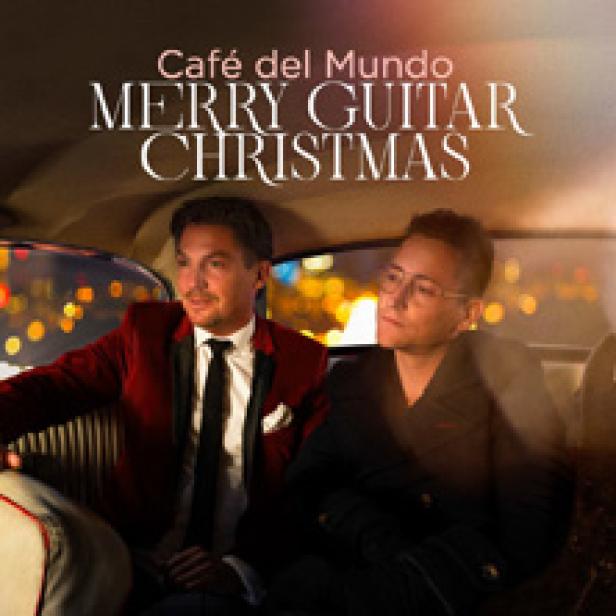 Das Cover des Albums „Merry Guitar Christmas“ von Café del Mundo zeigt zwei Männer im Auto.