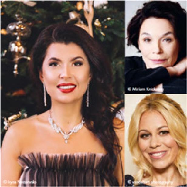 Ein Collage-Porträt von drei Frauen mit unterschiedlichem Aussehen vor einem festlichen Hintergrund.