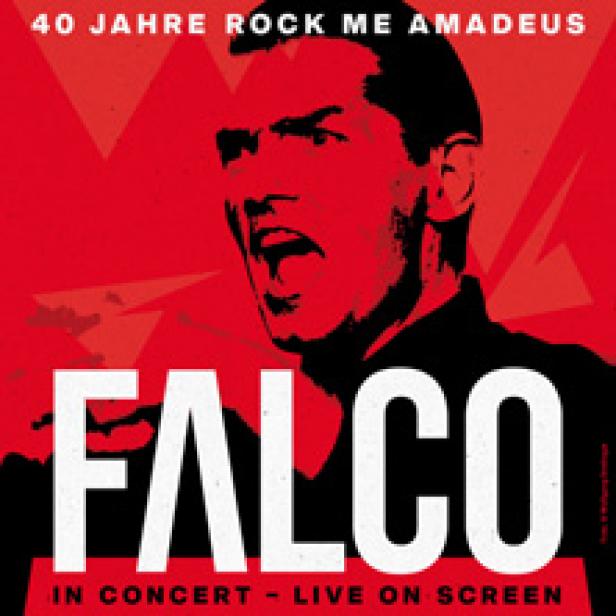 Ein rotes Plakat zum 40-jährigen Jubiläum von Falcos „Rock Me Amadeus“ mit einem Porträt des Sängers.