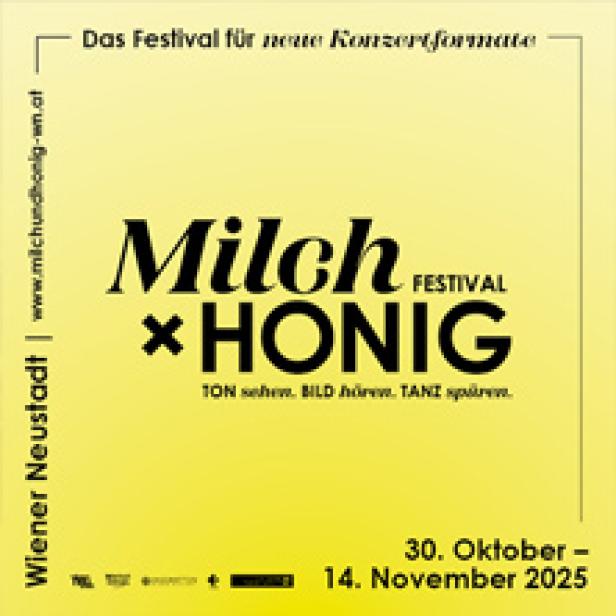 Ein gelbes Festivalplakat für das „Milch & Honig“-Festival in Wiener Neustadt, 30. Oktober bis 14. November 2025.