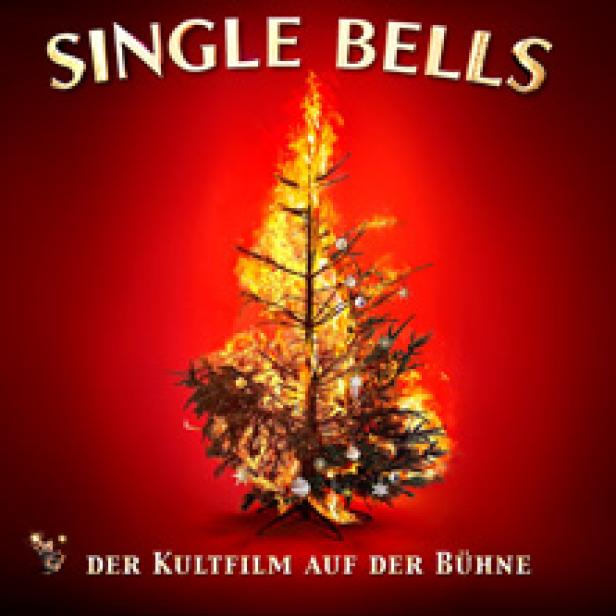 Ein brennender Weihnachtsbaum vor einem roten Hintergrund mit dem Titel „Single Bells“.