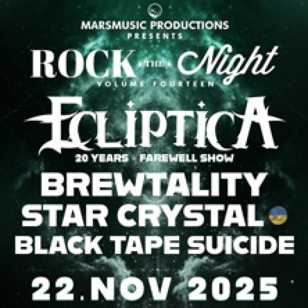 Ein Veranstaltungsplakat für „Rock the Night Volume Fourteen“ mit Ecliptica, Brewtality, Star Crystal und Black Tape Suicide am 22. November 2025.
