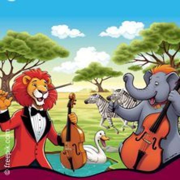 Ein Löwe im Frack dirigiert mit einem Elefanten, einer Gans und Zebras ein Orchester.