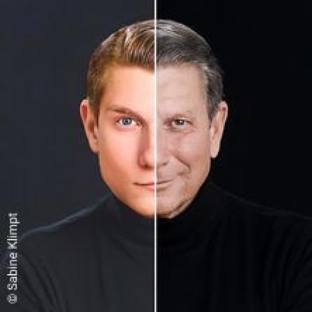 Ein Gesicht, das in der Mitte geteilt ist, zeigt eine jüngere und eine ältere Version derselben Person.