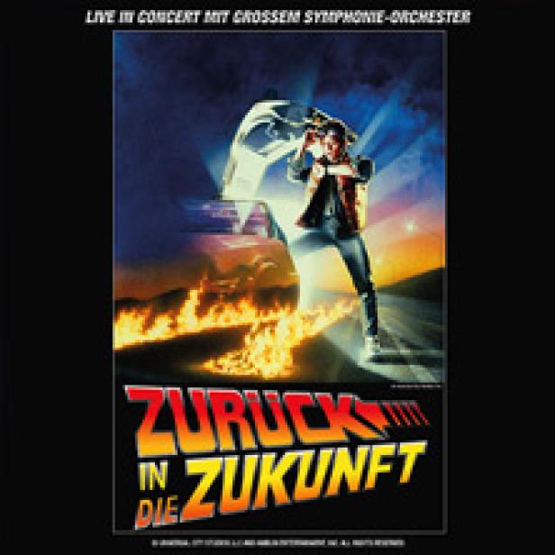 Ein Filmposter für „Zurück in die Zukunft“ mit dem DeLorean und Marty McFly.