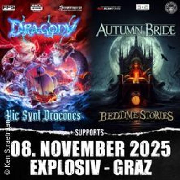 Ein Konzertplakat mit den Bands Dragonfy, Autumn Bride, Hic Sunt Dracones und Bedtime Stories am 8. November 2025 in Graz.