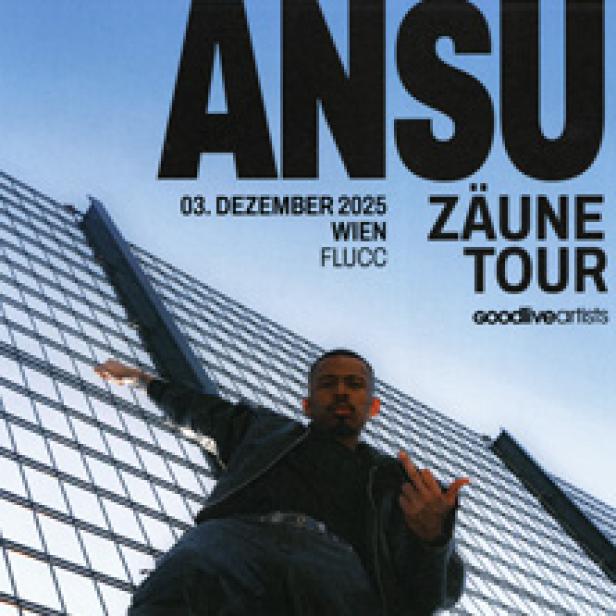 Ein Konzertplakat für Ansu's „Zäune Tour“ am 3. Dezember 2025 in Wien, mit dem Rapper vor einem Zaun.