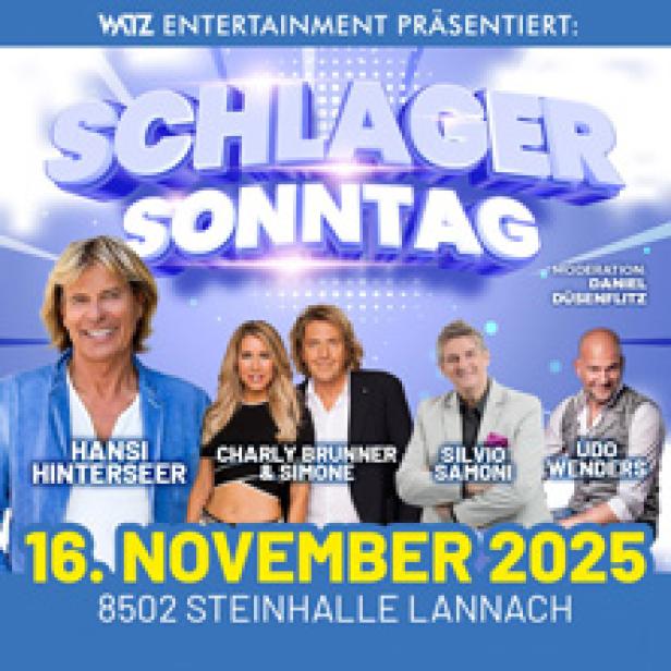 Ein Werbeplakat für „Schlager Sonntag“ mit Hansi Hinterseer, Charly Brunner & Simone, Silvio Samoni und Udo Wenders am 16. November 2025.