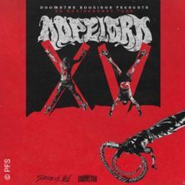 Das Cover für ein Konzert von Dopelord zeigt zwei gekreuzigte Figuren und eine Peitsche.