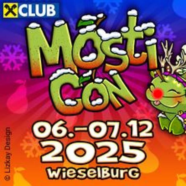 Ein Werbeplakat für die „MostiCon“ in Wieselburg vom 06. bis 07.12.2025 mit einem Comic-Birnen-Maskottchen.