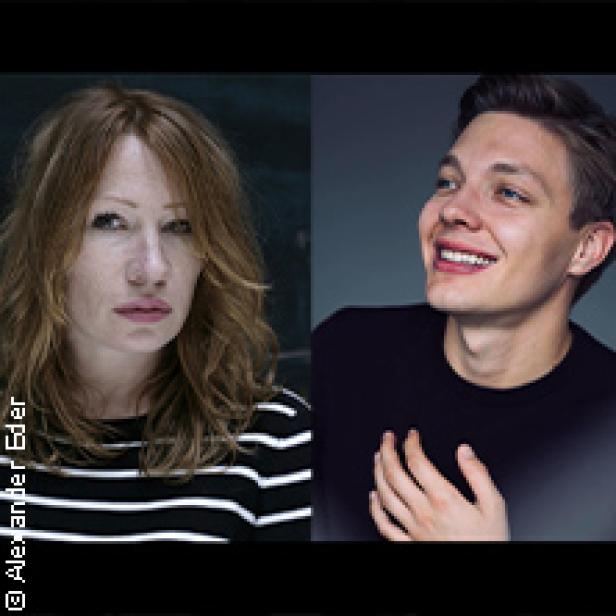 Ein Porträt von zwei Personen, einer Frau mit roten Haaren und einem jungen Mann mit einem schwarzen Pullover.