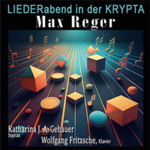 Abstrakte Darstellung eines Liederabends in der Krypta mit Musiknoten und geometrischen Formen im Stil von Max Reger.