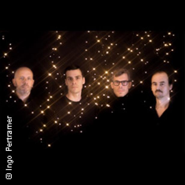 Vier Männer posieren vor einem dunklen Hintergrund mit goldenen Lichtern.