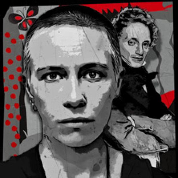 Ein Porträt von Karoline von Günderrode vor einem stilisierten Hintergrund mit einer Schmetterlingsgrafik.