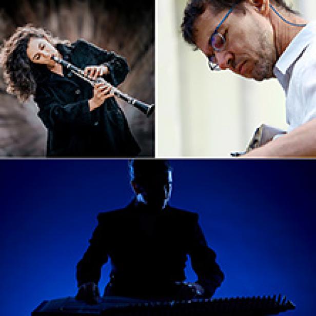 Ein Mosaikbild von drei Musikern, die Klarinette, Gitarre und Keyboard spielen.