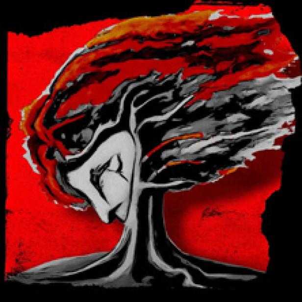 Eine stilisierte Darstellung eines Baumes, dessen Krone wie ein Gesicht mit traurigem Ausdruck geformt ist.