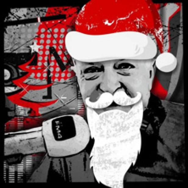 Ein Mann mit Weihnachtsmütze und Bart hält eine Pistole vor einem weihnachtlichen Hintergrund.