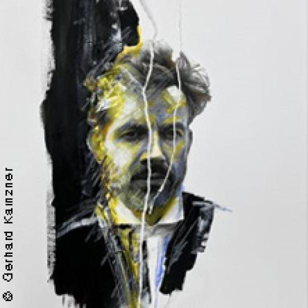 Ein abstraktes Porträt eines Mannes mit Bart und Anzug.