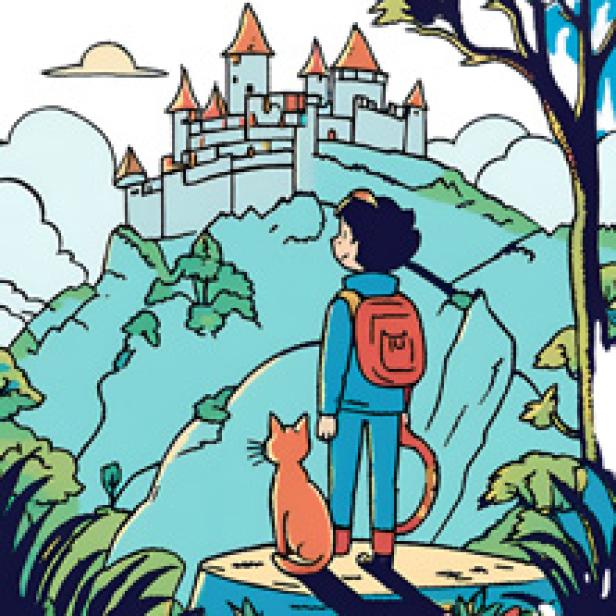 Ein Kind mit Katzenohren und -schwanz steht mit einer Katze vor einem Schloss auf einem Hügel.