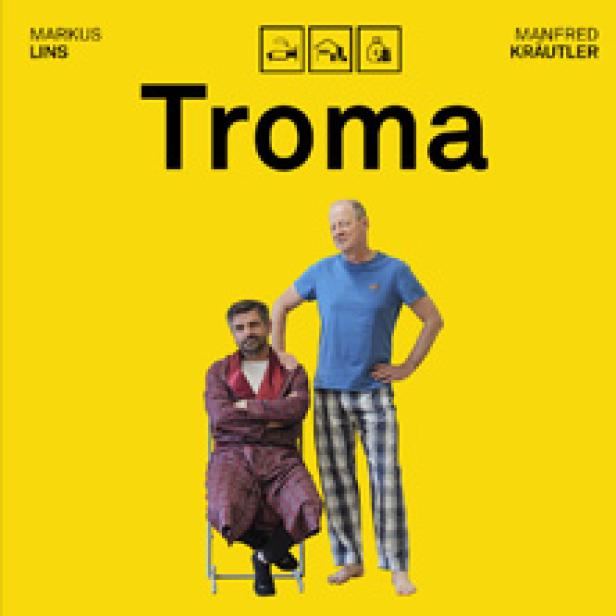 Das Cover des Theaterstücks „Troma“ mit Markus Lins und Manfred Krautler vor gelbem Hintergrund.