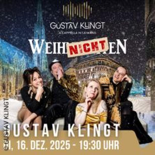 Das Cover der A-Cappella-Weihnachtsshow „Weihnichten“ von Gustav Klingt mit vier Personen vor weihnachtlicher Kulisse.