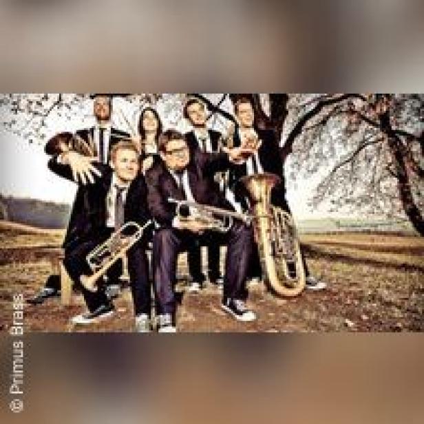 Eine Brassband posiert mit ihren Instrumenten im Freien für ein Gruppenfoto.