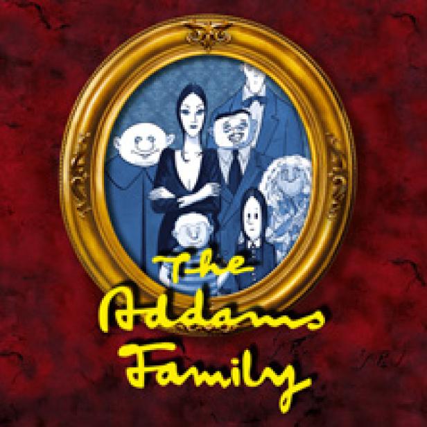 Ein gezeichnetes Familienporträt der Addams Family in einem goldenen Rahmen.