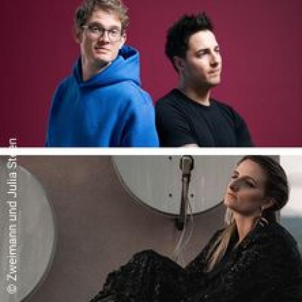 Ein Doppelporträt von zwei Männern und einer Frau vor farbigen Hintergründen.