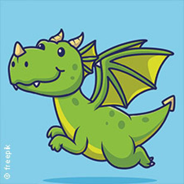 Ein grüner, freundlich aussehender Cartoon-Drache fliegt vor einem hellblauen Hintergrund.