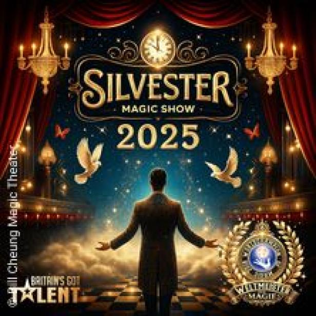 Ein Werbeplakat für die Silvester Magic Show 2025 mit einem Magier auf der Bühne.