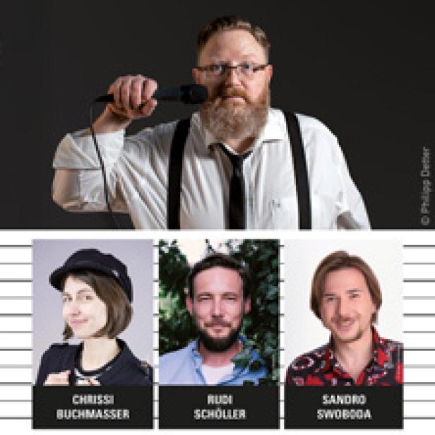 Ein Mann mit Bart hält ein Mikrofon vor dem Mund, darunter Porträts von Chrissi Buchmasser, Rudi Schöller und Sandro Swoboda.