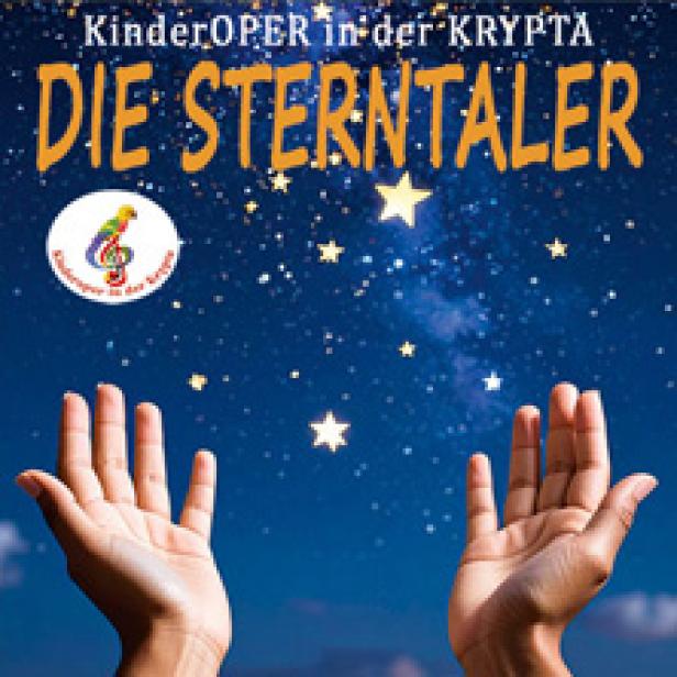Das Cover der Kinderoper „Die Sterntaler“ zeigt Hände, die nach Sternen greifen.