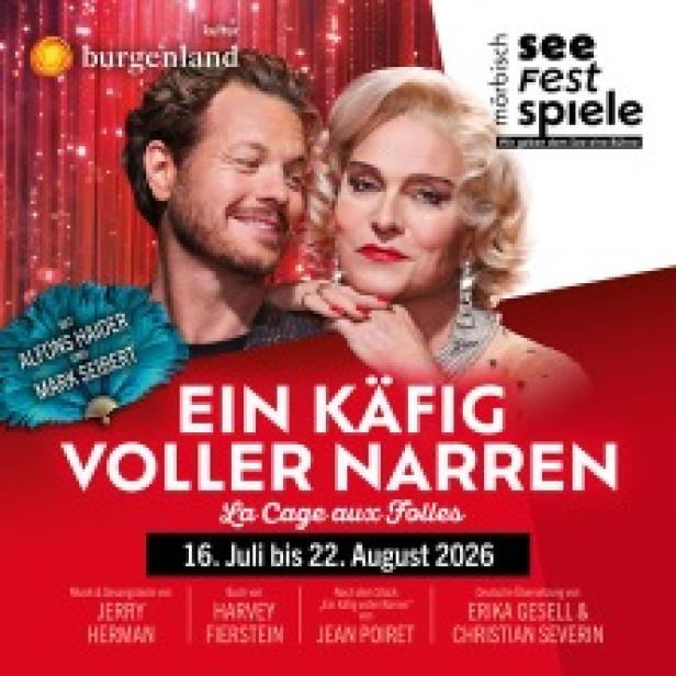 Werbeplakat für das Stück „Ein Käfig voller Narren“ mit Alfons Haider und Mark Seibert.