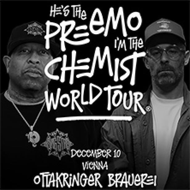 Ein Werbeplakat für die „Pre-Emo I'm The Chemist World Tour“ mit zwei Musikern.