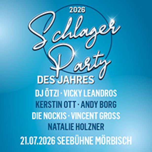 Plakat für die Schlagerparty des Jahres 2026 mit DJ Ötzi, Vicky Leandros und anderen Künstlern in Mörbisch.