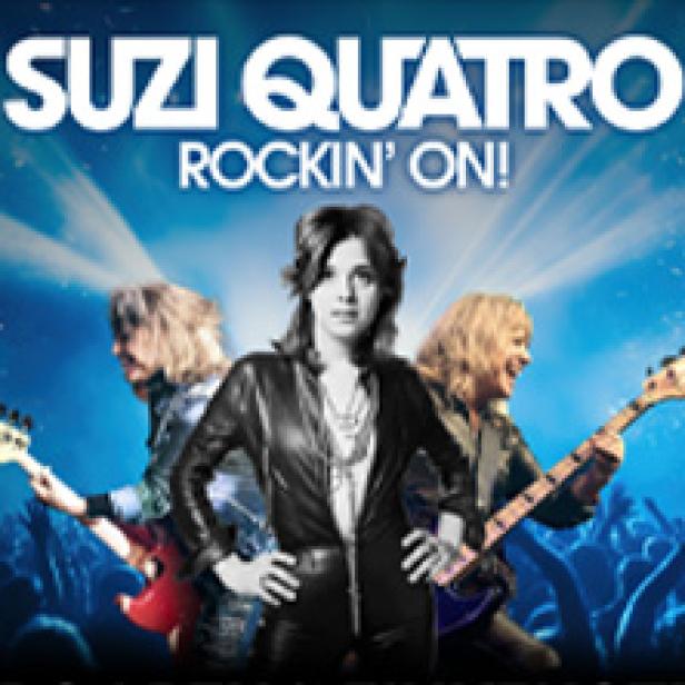 Das Cover des Albums „Rockin' On!“ von Suzi Quatro zeigt die Sängerin mit ihrer Band.